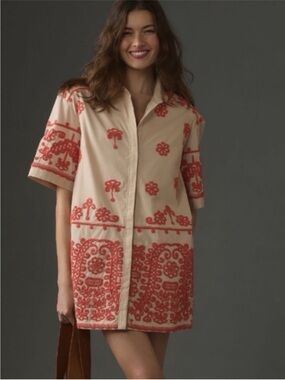 EUC Anthropologie Maeve Embroidered Collared  Button front Summer Shirt Dress 2X